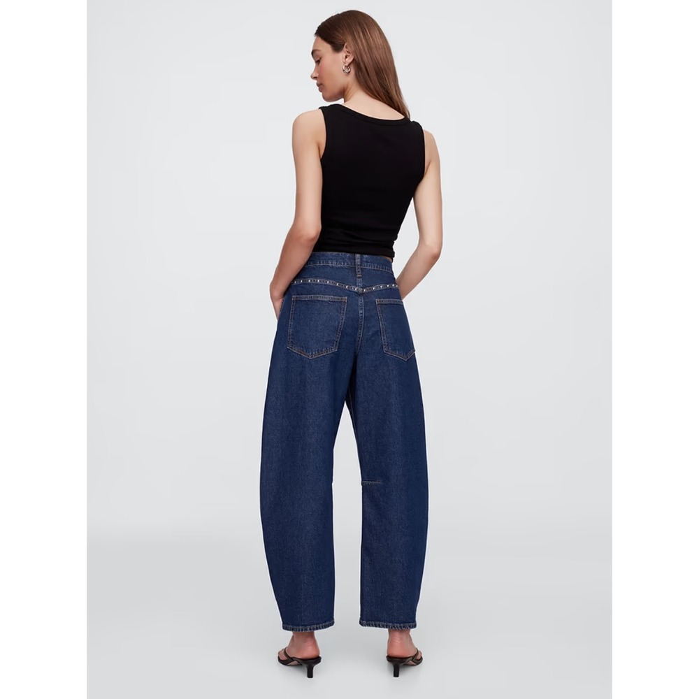 Gap Denim High Rise Studded Barrel Jeans Dark Wash Low Stretch Denim 10 Short - Picture 2 of 11